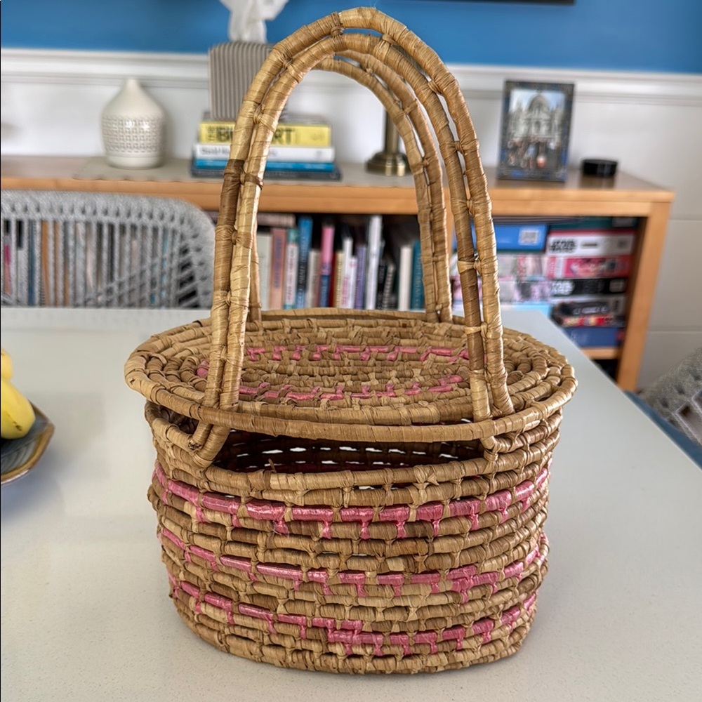 Handwoven Straw Basket with Pink Accents